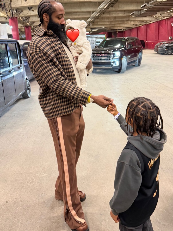 半岛体育官网-超级奶爸！女友晒哈登抱着孩子和自己的孩子拉手指